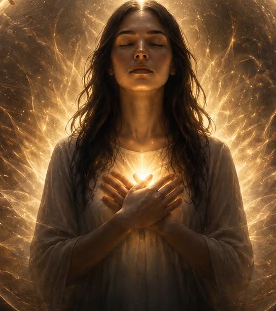 Mulher em meditação com o campo iluminado